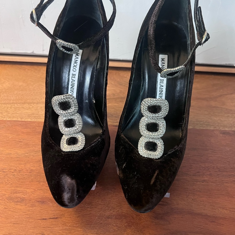 Manolo Blahnik Brown Velvet Heels with Silver Accents Campari